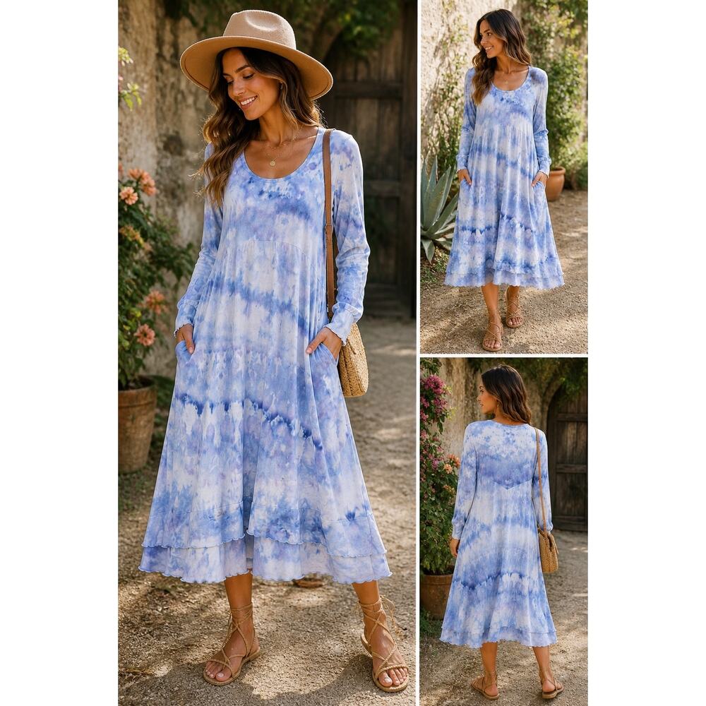 Byrkit Tie Dye Midi Dress S Blue White Cotton Boho Casual Pocket Dress USA